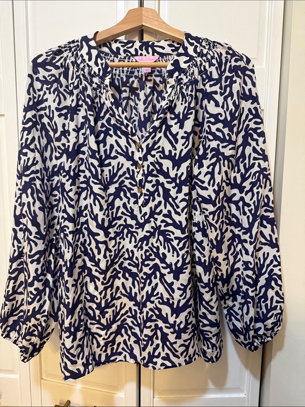 Lilly Pulitzer Navy and White Printed Smocked-Neck Blouse